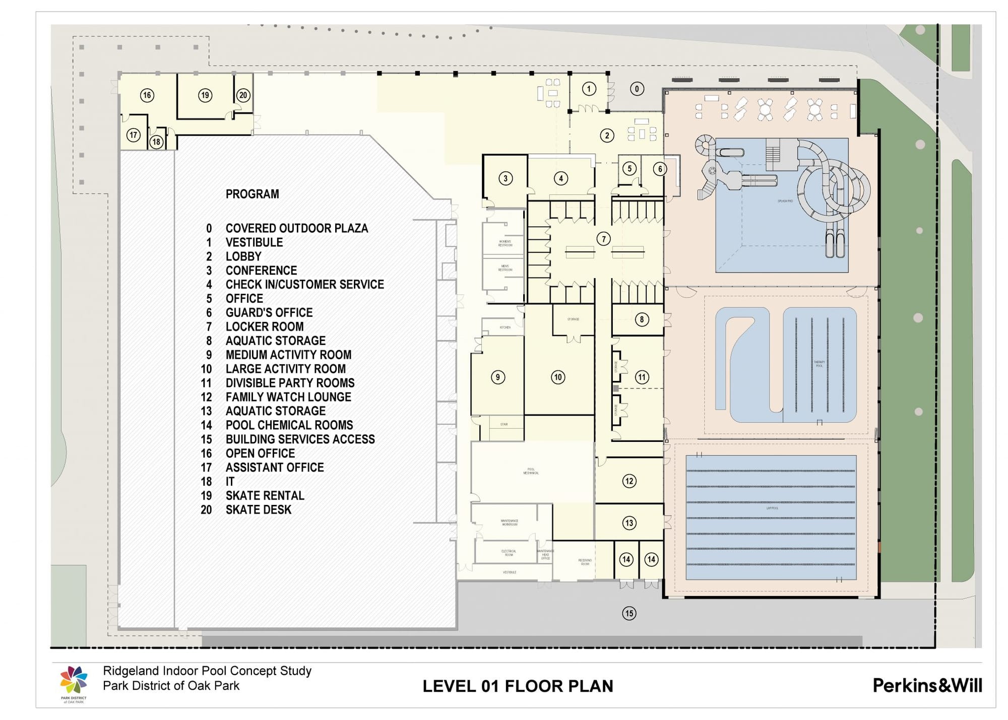 A level one floor plan for the Ridgeland Indoor Pool concept study by Perkins & Will, showing the layout of pools, locker rooms, activity rooms, offices, and support spaces for the Park District of Oak Park.